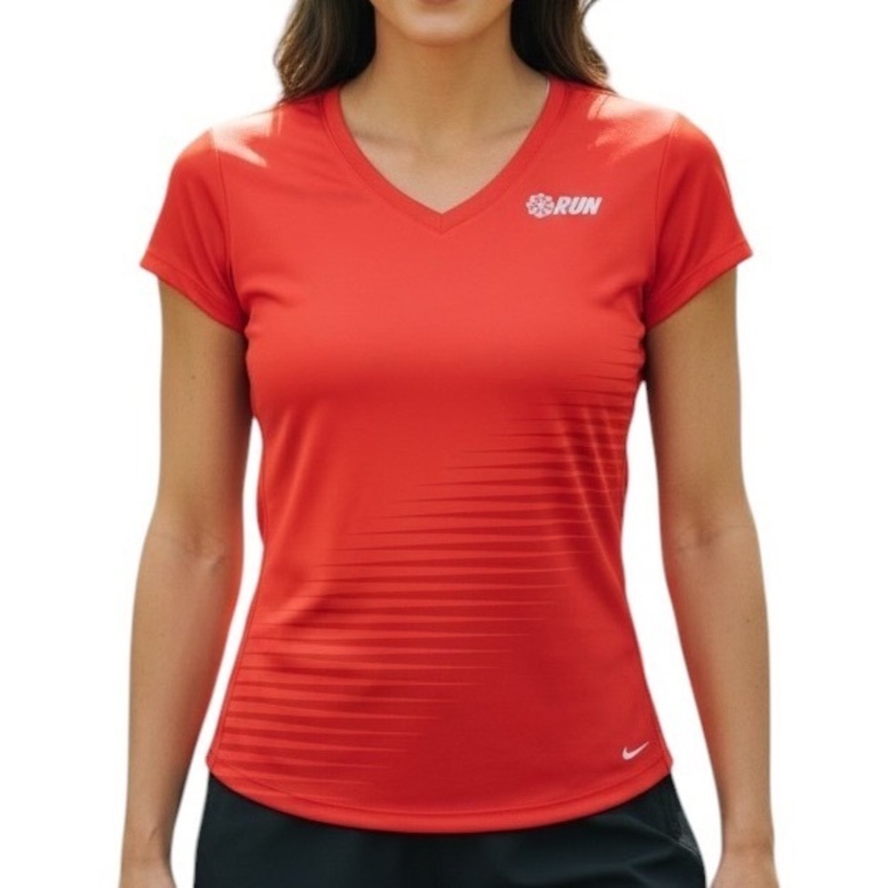 Nike Dri-FIT Running Shirt Womens Large Red V-Neck Graphic Tee Excellent